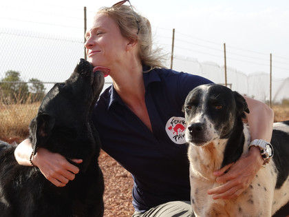 VIER VOETERS-medewerker met geredde honden