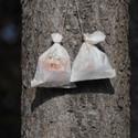 Papiersackerl mit Kürbiszeichnungen, gefüllt mit Leckereien für die Bären hängen vom Baum