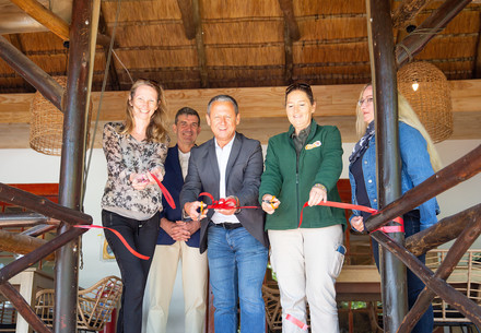 Romana Kőnigsbrun (Austrian Ambassador to SA), Carsten Hertwig (Director FOUR PAWS Sustainable Sanctuaries), Josef Pfabigan (CEO of FOUR PAWS), Hildegard Pirker (Sanctuary Manager: LIONSROCK), and Fiona Miles (Director: FOUR PAWS South Africa) reopen LIONSROCK accomodation in Bethlehem in South Africa